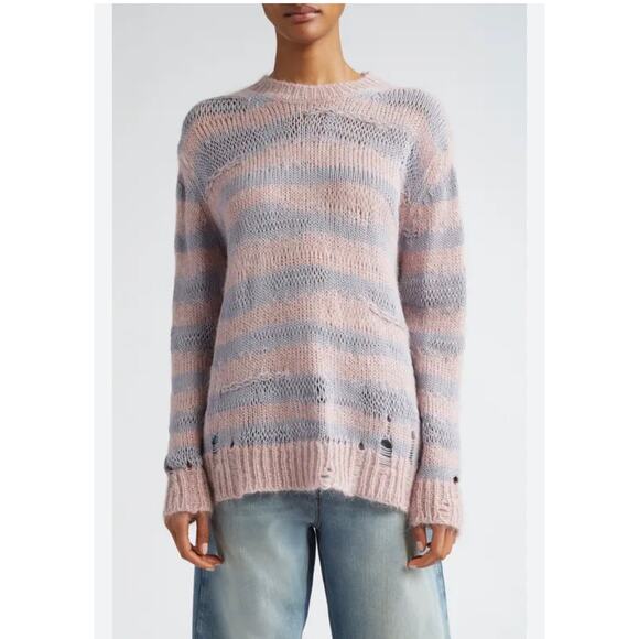 Acne Studios Distressed Striped Mohair Blend Sweater - Pink & Gray Size L